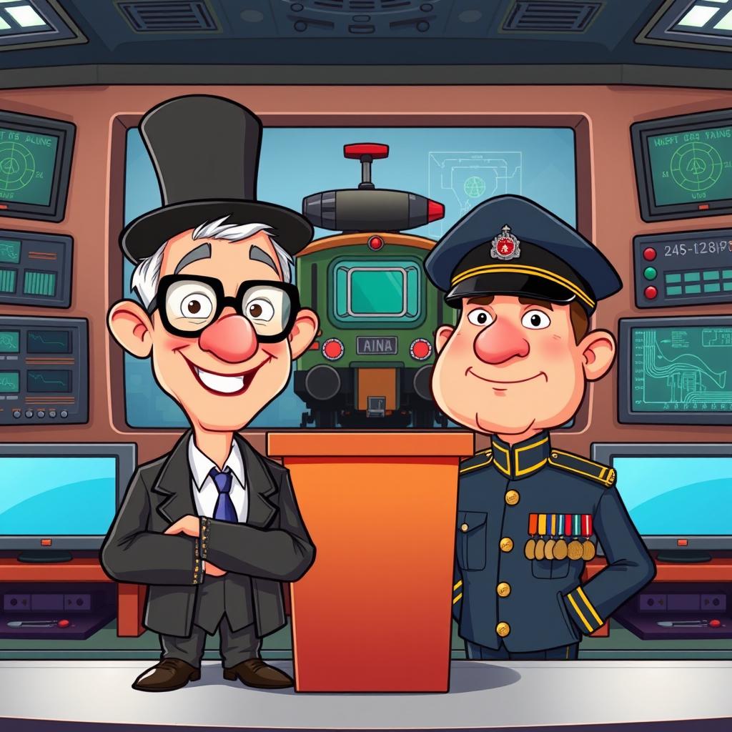 A cartoonish scene featuring a whimsical mayor of a city and an army chief standing side by side at a podium, both animated and expressive