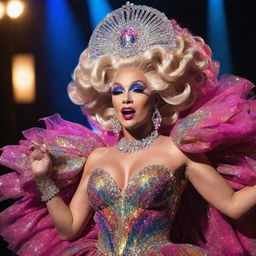 A fabulous and flamboyant drag queen passionately performing on a glittering stage laden with vibrant lights, draped in extravagant gown and sparkling jewels, wearing vivid makeup with a high bouffant hairstyle.