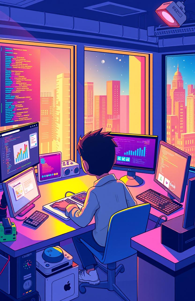 A vibrant and engaging illustration of a full stack web development scene featuring a character named Abubokkor, who is attentively coding on a laptop