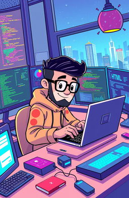 A vibrant and engaging illustration of a full stack web development scene featuring a character named Abubokkor, who is attentively coding on a laptop