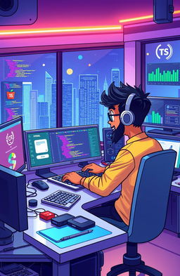 A vibrant and engaging illustration of a full stack web development scene featuring a character named Abubokkor, who is attentively coding on a laptop