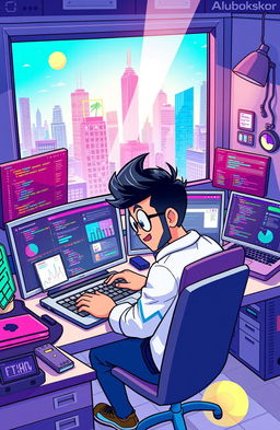 A vibrant and engaging illustration of a full stack web development scene featuring a character named Abubokkor, who is attentively coding on a laptop