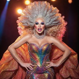 A fabulous and flamboyant drag queen passionately performing on a glittering stage laden with vibrant lights, draped in extravagant gown and sparkling jewels, wearing vivid makeup with a high bouffant hairstyle.