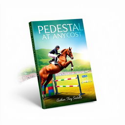 An engaging book cover design for 'PEDESTAL AT ANY COST,' centered around the competitive world of equestrian sport