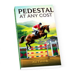 An engaging book cover design for 'PEDESTAL AT ANY COST,' centered around the competitive world of equestrian sport