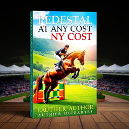 An engaging book cover design for 'PEDESTAL AT ANY COST,' centered around the competitive world of equestrian sport