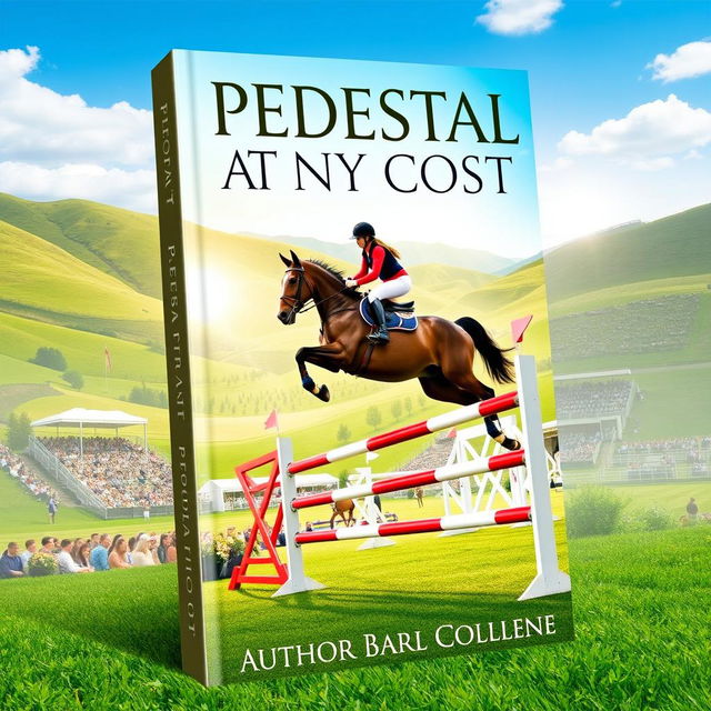 An engaging book cover design for 'PEDESTAL AT ANY COST,' centered around the competitive world of equestrian sport