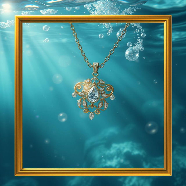 An enchanting underwater scene featuring a stunning necklace that appears to be sinking, surrounded by soft bubbles and gentle waves