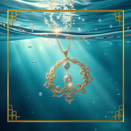 An enchanting underwater scene featuring a stunning necklace that appears to be sinking, surrounded by soft bubbles and gentle waves