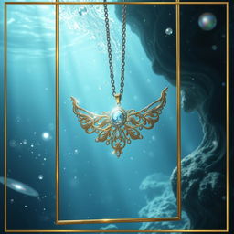 An enchanting underwater scene featuring a stunning necklace that appears to be sinking, surrounded by soft bubbles and gentle waves