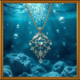 An enchanting underwater scene featuring a stunning necklace that appears to be sinking, surrounded by soft bubbles and gentle waves