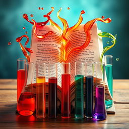 A captivating scene blending literature and chemistry, featuring a beautiful open book surrounded by test tubes filled with colorful liquids