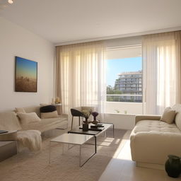 A modern, well-furnished apartment with a spacious living area, stylish bedroom, kitchen with advanced amenities, and a cozy balcony overlooking a beautiful view.