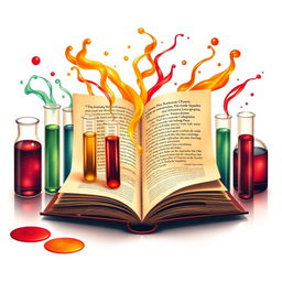 A captivating scene blending literature and chemistry, featuring a beautiful open book surrounded by test tubes filled with colorful liquids