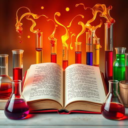 A captivating scene blending literature and chemistry, featuring a beautiful open book surrounded by test tubes filled with colorful liquids