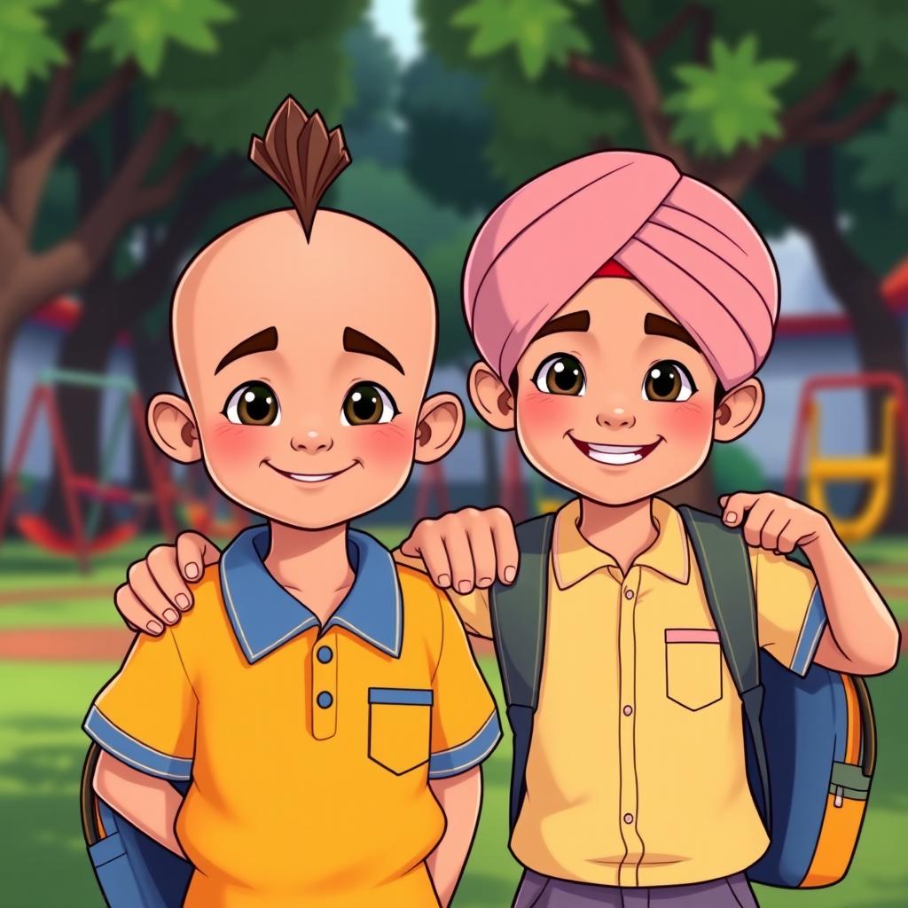 A vibrant cartoon scene featuring two little school boys