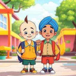 A vibrant cartoon scene featuring two little school boys