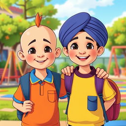 A vibrant cartoon scene featuring two little school boys