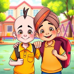 A vibrant cartoon scene featuring two little school boys