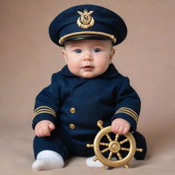 An oversized adorable baby, whimsically dressed as a ship's captain, with a peaked cap, navy-blue double-breasted jacket adorned with golden epaulets, and a tiny toy steering wheel in his chubby hands.