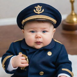 An oversized adorable baby, whimsically dressed as a ship's captain, with a peaked cap, navy-blue double-breasted jacket adorned with golden epaulets, and a tiny toy steering wheel in his chubby hands.