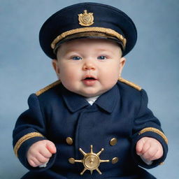 An oversized adorable baby, whimsically dressed as a ship's captain, with a peaked cap, navy-blue double-breasted jacket adorned with golden epaulets, and a tiny toy steering wheel in his chubby hands.