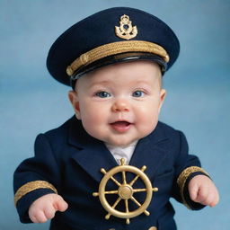 An oversized adorable baby, whimsically dressed as a ship's captain, with a peaked cap, navy-blue double-breasted jacket adorned with golden epaulets, and a tiny toy steering wheel in his chubby hands.