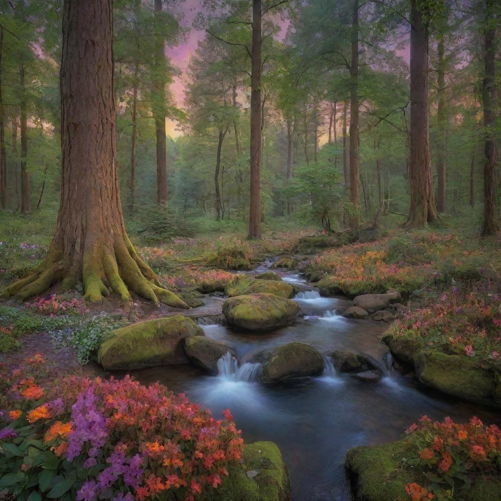 A serene, magical forest scene illuminated by the soft glow of a twilight sky, with towering ancient trees, colorful flowers carpets, vibrant wildlife, and a crystal-clear stream flowing peacefully.