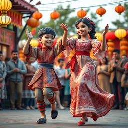 A photorealistic 3D scene depicting a boy and a girl performing the Lezginka dance, embodying the vibrant culture of Turkey