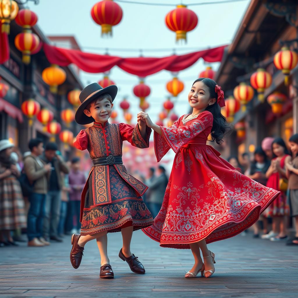 A photorealistic 3D scene depicting a boy and a girl performing the Lezginka dance, embodying the vibrant culture of Turkey