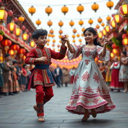 A photorealistic 3D scene depicting a boy and a girl performing the Lezginka dance, embodying the vibrant culture of Turkey