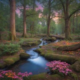 A serene, magical forest scene illuminated by the soft glow of a twilight sky, with towering ancient trees, colorful flowers carpets, vibrant wildlife, and a crystal-clear stream flowing peacefully.