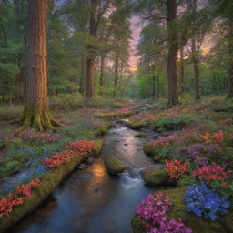 A serene, magical forest scene illuminated by the soft glow of a twilight sky, with towering ancient trees, colorful flowers carpets, vibrant wildlife, and a crystal-clear stream flowing peacefully.