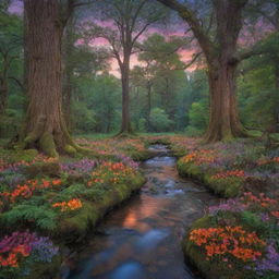 A serene, magical forest scene illuminated by the soft glow of a twilight sky, with towering ancient trees, colorful flowers carpets, vibrant wildlife, and a crystal-clear stream flowing peacefully.