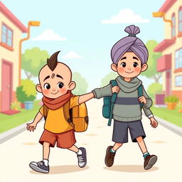 A cartoon illustration of a cute, mischievous little schoolboy with a prominent crest of hair like Chanakya, and a bald head