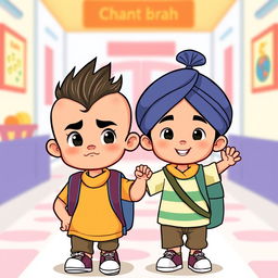 A cartoon illustration of a cute, mischievous little schoolboy with a prominent crest of hair like Chanakya, and a bald head