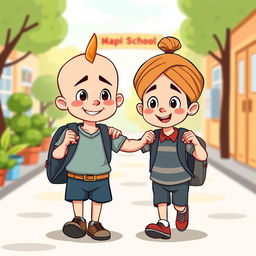 A cartoon illustration of a cute, mischievous little schoolboy with a prominent crest of hair like Chanakya, and a bald head