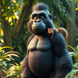 A captivating 3D scene featuring a majestic gorilla standing tall with a playful squirrel sitting comfortably on its shoulder