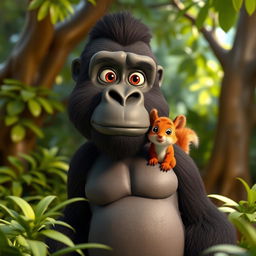 A captivating 3D scene featuring a majestic gorilla standing tall with a playful squirrel sitting comfortably on its shoulder