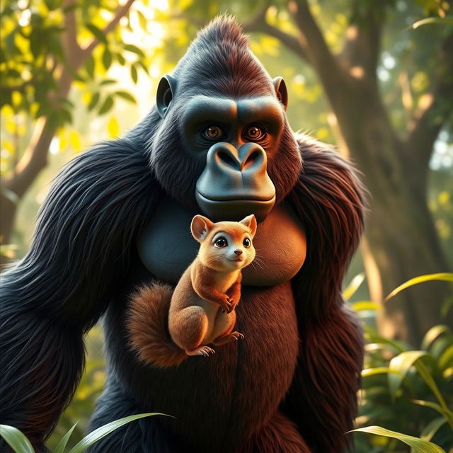 A captivating 3D scene featuring a majestic gorilla standing tall with a playful squirrel sitting comfortably on its shoulder