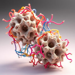 A highly detailed scientific illustration of porous bipyramidic particles with intricate surfaces, partially surrounded by flowing polymer chain brushes