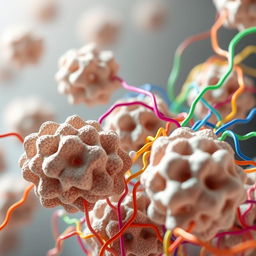 A highly detailed scientific illustration of porous bipyramidic particles with intricate surfaces, partially surrounded by flowing polymer chain brushes