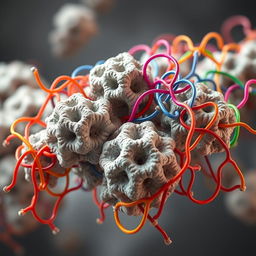 A highly detailed scientific illustration of porous bipyramidic particles with intricate surfaces, partially surrounded by flowing polymer chain brushes