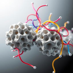 A highly detailed scientific illustration of porous bipyramidic particles with intricate surfaces, partially surrounded by flowing polymer chain brushes