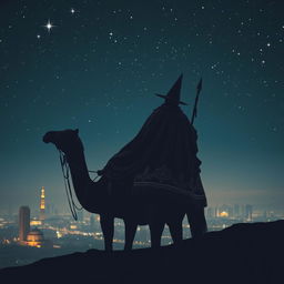 The mage Balthazar, depicted from behind riding a majestic camel under a starry night sky