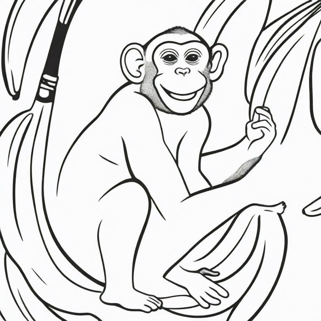 A captivating, two-dimensional black and white outline of a monkey enjoying a banana for a colouring page.