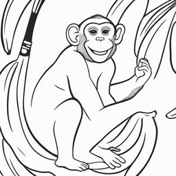 A captivating, two-dimensional black and white outline of a monkey enjoying a banana for a colouring page.