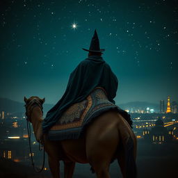 The mage Balthazar, depicted from behind riding a majestic camel under a starry night sky