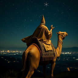 The mage Balthazar, depicted from behind riding a majestic camel under a starry night sky