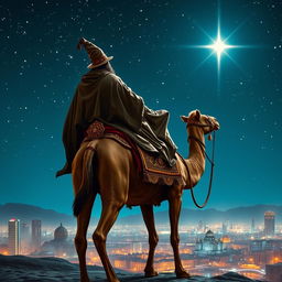 The mage Balthazar, depicted from behind riding a majestic camel under a starry night sky